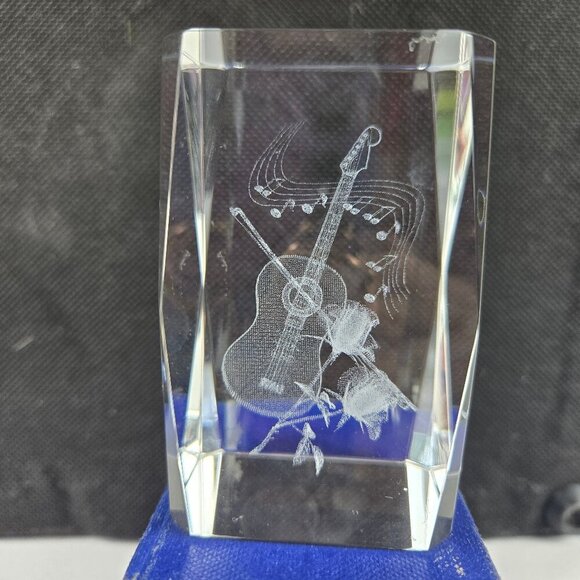 Rectangular Etched Prism Paperweight Violin with Roses In Original Box - Picture 5 of 13